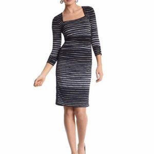 White House Black Market black n white striped, square neck, ruched dress large